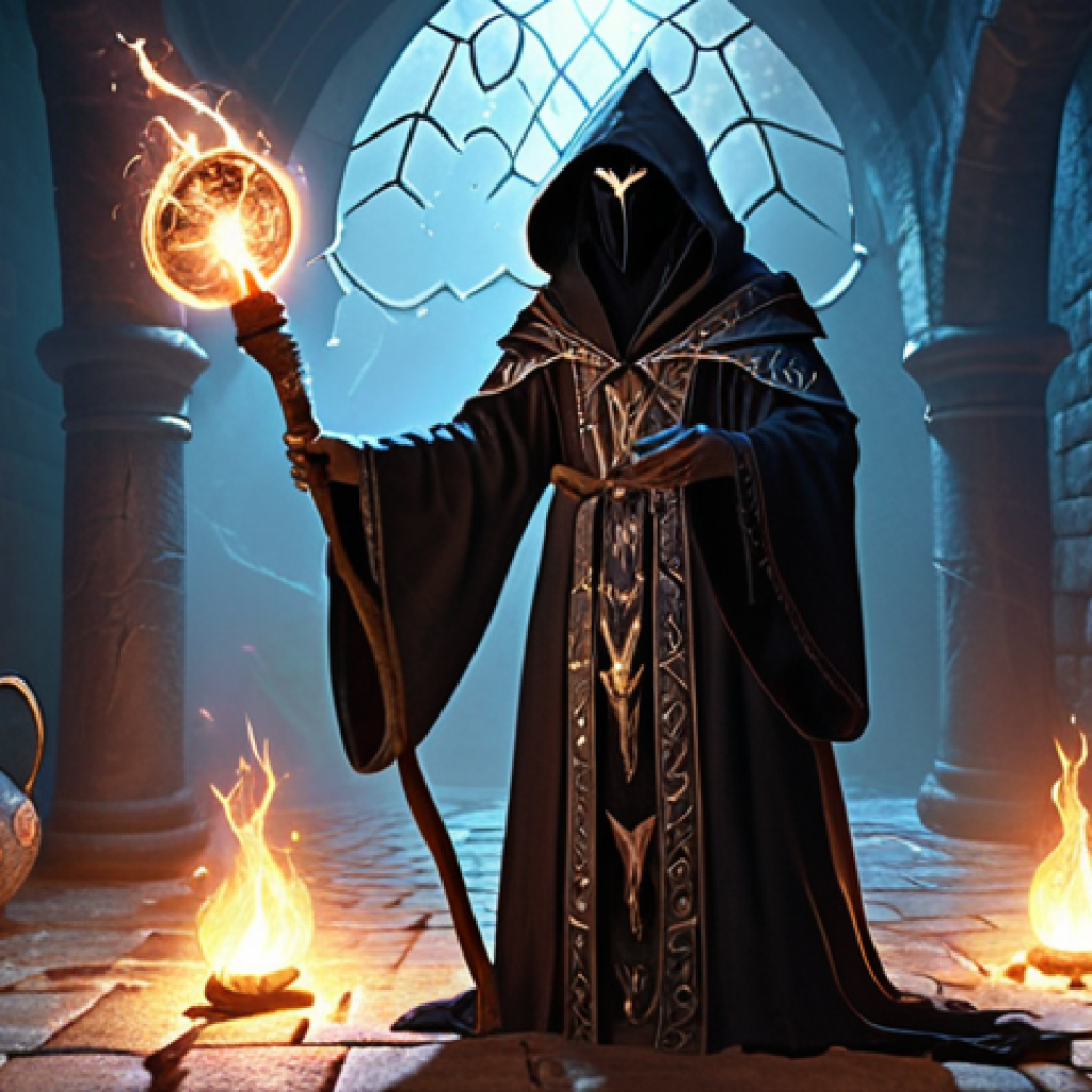 **Prompt:** "A Night Crow Mage, clad in the 'Geweven Robe van Bescherming' (Woven Robe of Protection), casting a spell with the 'Elementaire Staf' (Elemental Staff). Focus on the flowing robe, the staff's elemental energy, and the mage's determined expression. Background: A dark, atmospheric dungeon lit by magical light."