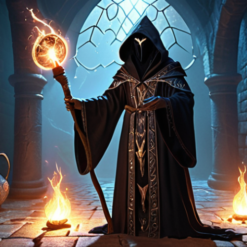 Home 4 **Prompt:** "A Night Crow Mage, clad in the 'Geweven Robe van Bescherming' (Woven Robe of Protection), casting a spell with the 'Elementaire Staf' (Elemental Staff). Focus on the flowing robe, the staff's elemental energy, and the mage's determined expression. Background: A dark, atmospheric dungeon lit by magical light."